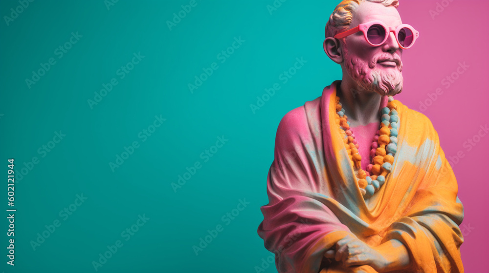 Ancient statue dressed in a colored suit with glasses and a pastel background. Image generated by AI.
Ancient statue dressed in a colored suit with glasses and a pastel background. Image generated by AI.