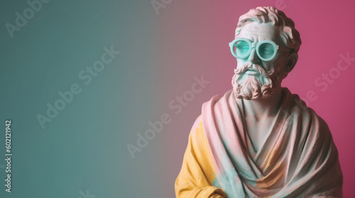 Ancient statue dressed in a colored suit with glasses and a pastel background. Image generated by AI.  © Moon Project