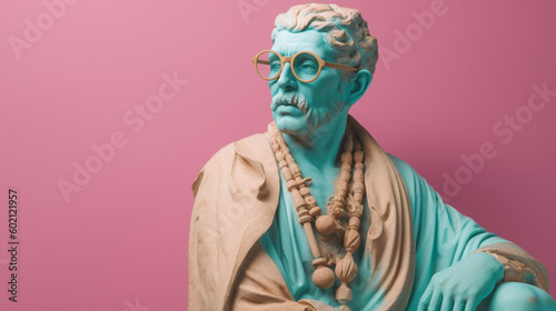 Ancient statue dressed in a colored suit with glasses and a pastel background. Image generated by AI. 