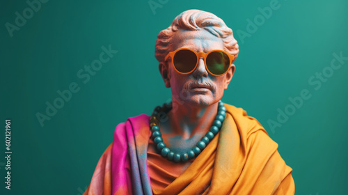 Ancient statue dressed in a colored suit with glasses and a pastel background. Image generated by AI.  © Moon Project