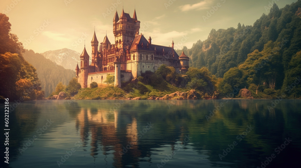 A generative ki illustration of a romantic castle on a lake with idyllic surroundings.