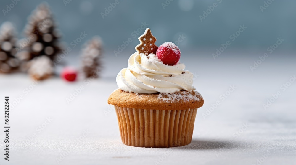 Weihnachtlicher Cupcake dekoriert mit einem kleinen Tannenbaum, Keks