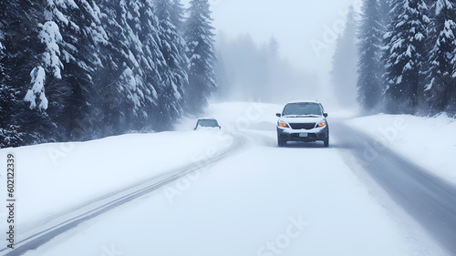 A car in winter on a snowy road that runs through the forest. Generation AI