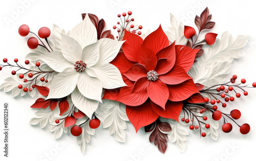 Red poinsettia and pine branches on white background, scattered composition. Generative AI. 