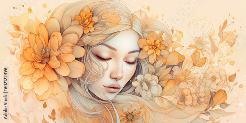 Watercolor young woman with flowers portrait art. Colorful creative watercolor illustration. Generative Ai