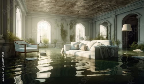 Water damager after flooding in basement with furniture floating created with Generative AI technology photo