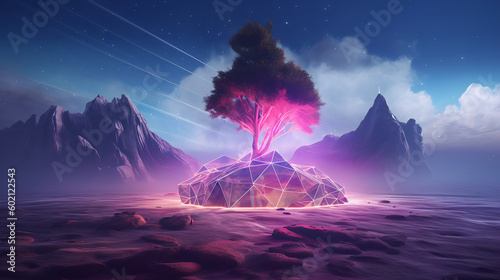 Synthwave dystopian tree with rocks and neon lights