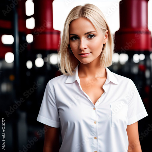Portrait of a manager. Young woman on industrial background. Generative AI