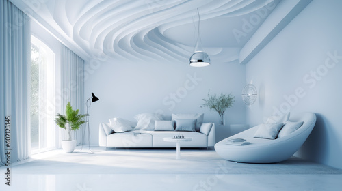 Modern room with light colors, in the style smooth futuristic look. Generative AI. 