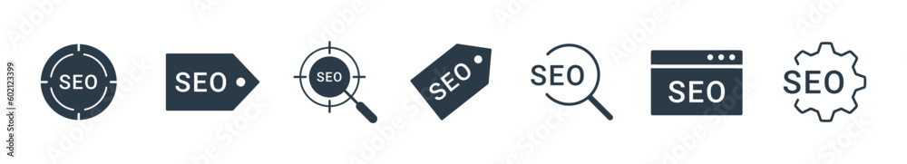 SEO icon set. Search Engine Optimization, business, marketing, target, ranking, traffic solid icon vector SEO icon set. Search Engine Optimization, business, marketing, target, ranking, traffic solid icon vector