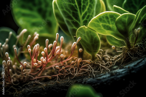 A photo of bacteria on the surface of a plant, highlighting the symbiotic relationship between the two organisms, bacteria Generative AI