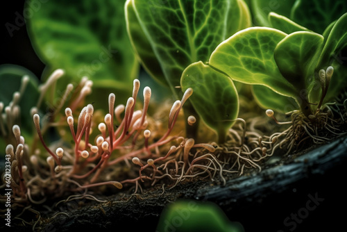 A photo of bacteria on the surface of a plant, highlighting the symbiotic relationship between the two organisms, bacteria Generative AI photo