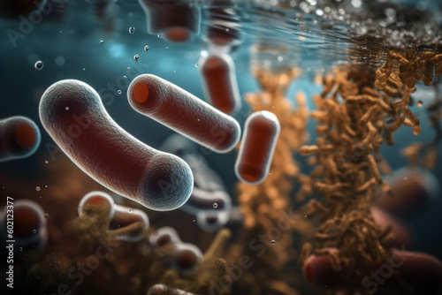 An image of bacteria in a wastewater treatment plant, illustrating the role of bacteria in breaking down organic matter, bacteria Generative AI