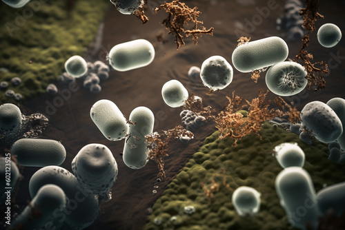 An image of bacteria in a wastewater treatment plant, illustrating the role of bacteria in breaking down organic matter, bacteria Generative AI