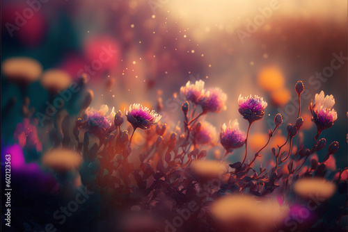 A dreamy abstract flower landscape with a soft focus, Generative AI