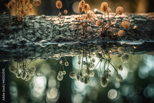 A macro image of bacteria on the surface of a pond, with the reflections of surrounding trees visible, bacteria Generative AI photo