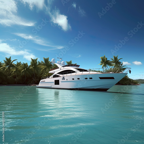 Luxury private motor yacht on tropical island on background. Generative AI © PaulShlykov