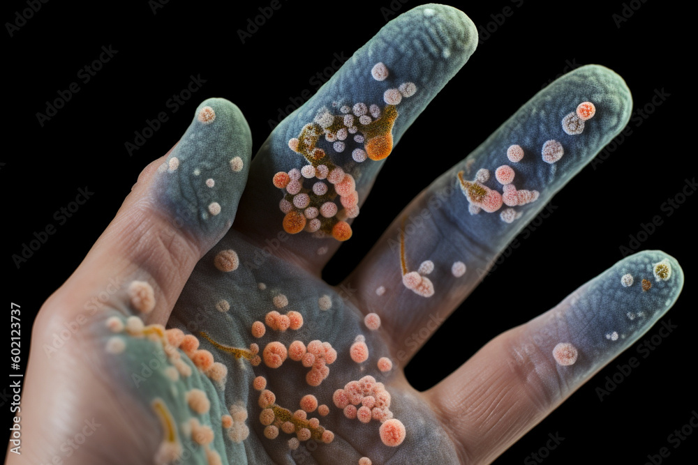 A picture of bacteria on a human hand, with the skin and pores visible