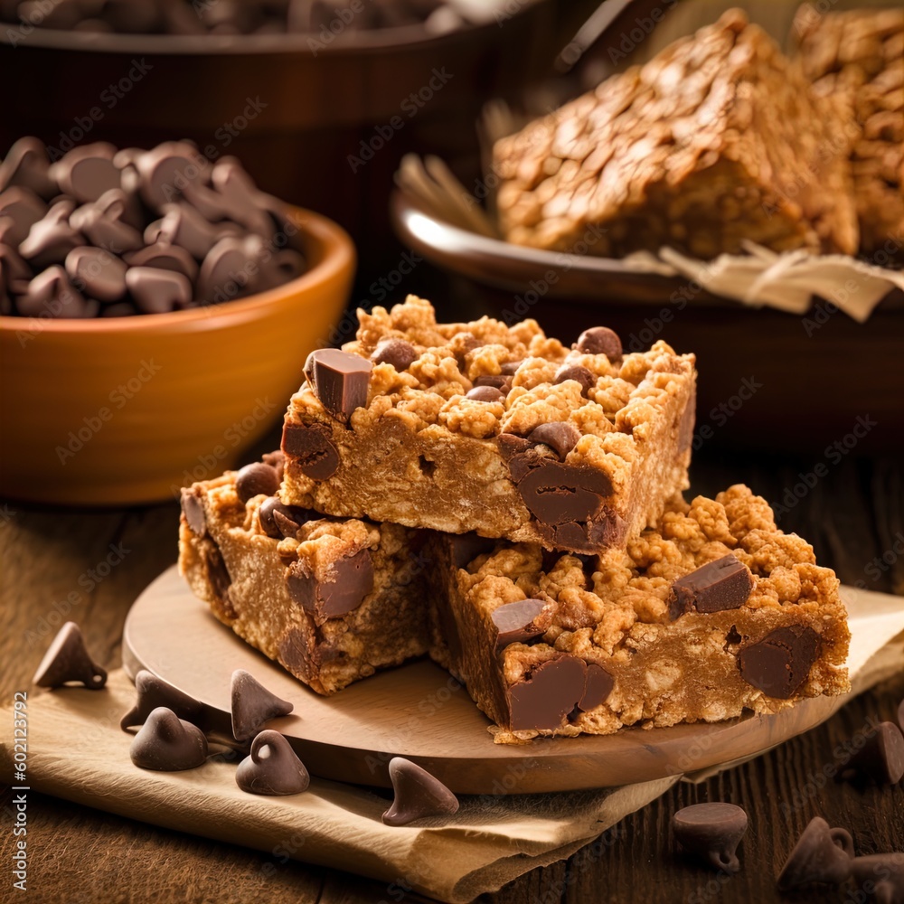 Chocolate chip granola bar. Oatmeal, healthy grains. chewy, delicious snack. Chocolate chip granola bar. Oatmeal, healthy grains. chewy, delicious snack.