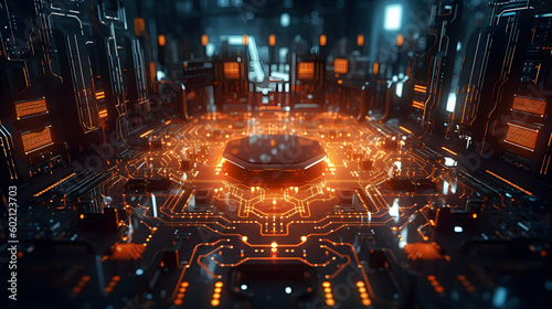 Futuristic scene of an advanced artificial intelligence system, showing intricate circuits and glowing connections. Generated AI