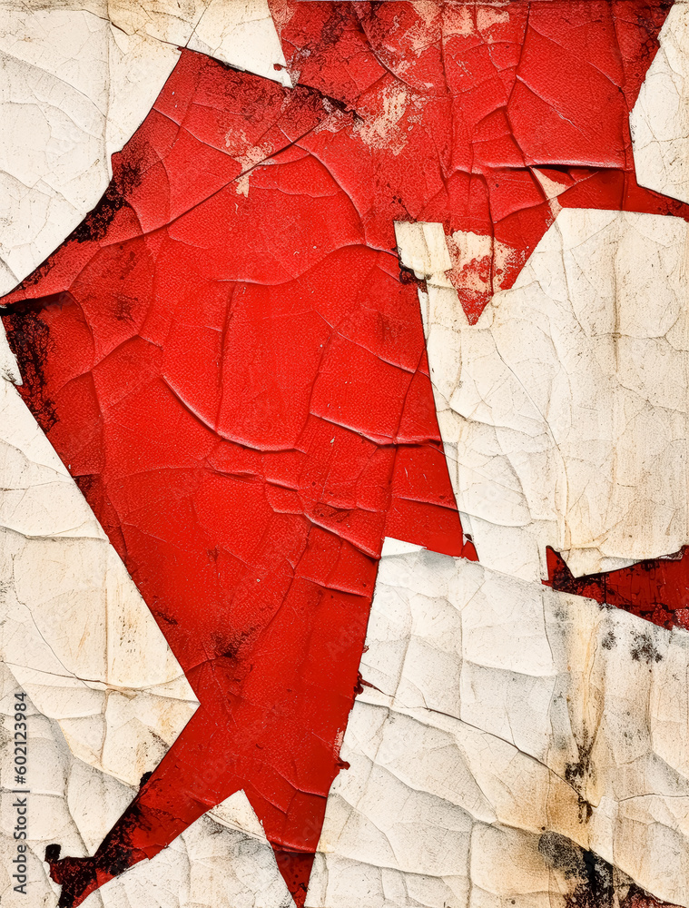 Old red peeling paper, creased a and worn pieces of paint and paper, in ...