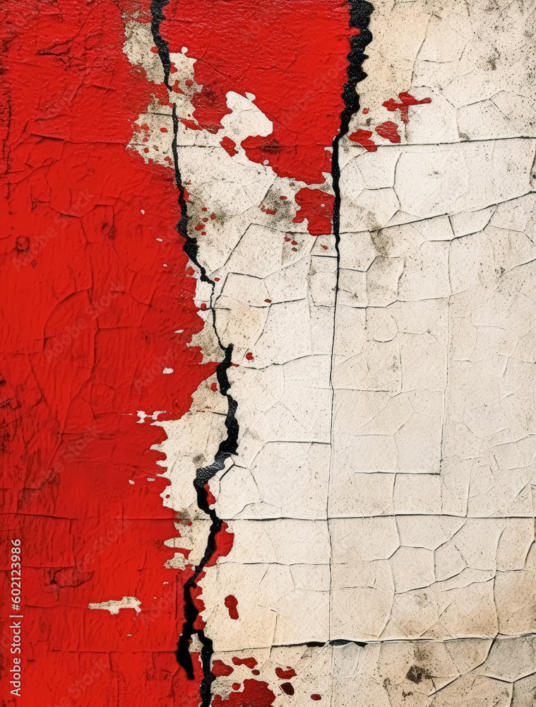 Old red peeling paper, creased a and worn pieces of paint and paper, in ...