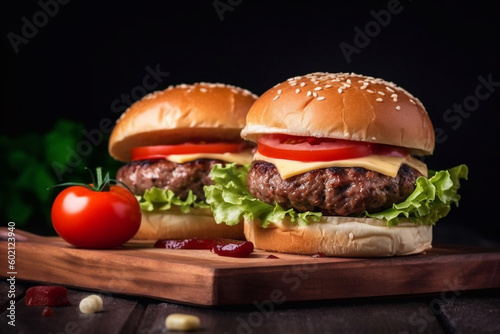 Burger, tomatoes on the table on a dark background created with Generative AI technology.