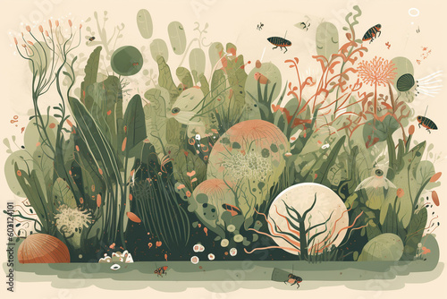 An artistic representation of bacteria as part of a complex ecosystem, with plants, animals, and insects in the background, bacteria Generative AI photo