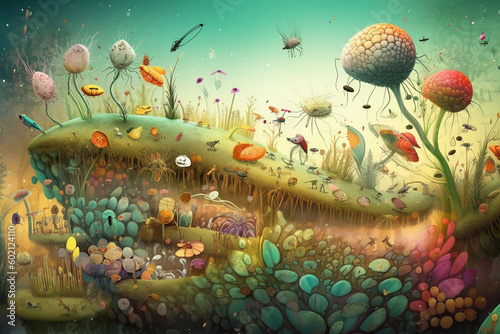 An artistic representation of bacteria as part of a complex ecosystem, with plants, animals, and insects in the background, bacteria Generative AI photo