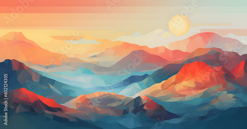 abstract image capturing the essence of a sunrise over a mountain range  with gradients of oranges and yellows against a light blue backdrop