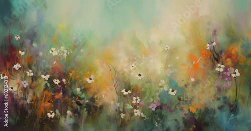 abstract image inspired by a field of wildflowers, featuring a blur of colorful blooms against a soft green background