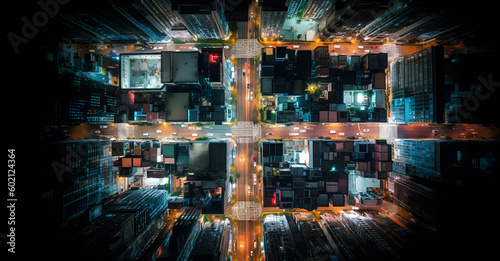 abstract image representing a bustling city street seen from above, with grids of lights against a dark background