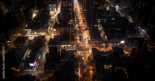abstract image representing a bustling city street seen from above, with grids of lights against a dark background © StockSavant