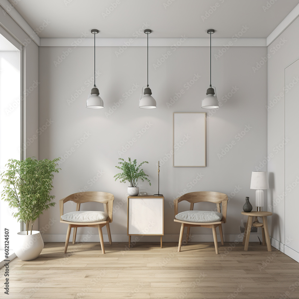 Empty white wall in modern public space. Waiting room interior with chairs. Nutritionist's office waiting room. 3D realistic illustration. Generative AI Empty white wall in modern public space. Waiting room interior with chairs. Nutritionist's office waiting room. 3D realistic illustration. Generative AI