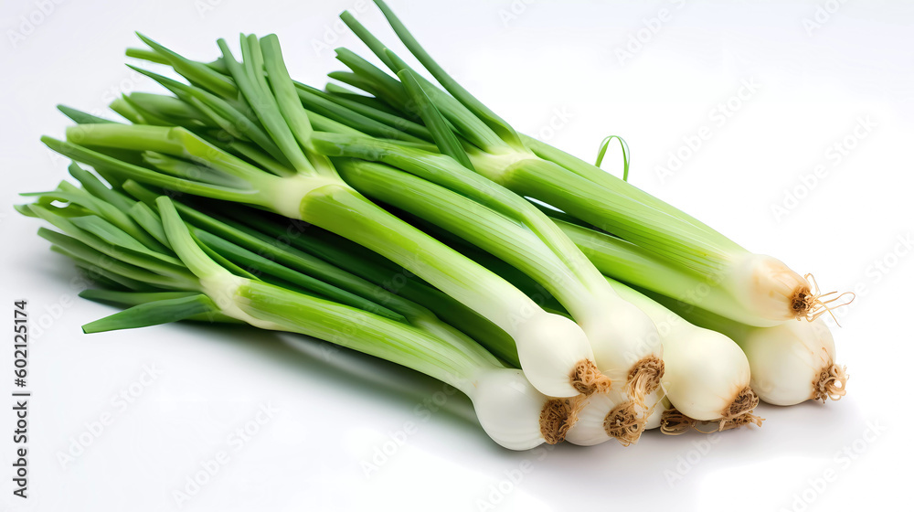 Isolated fresh green onion lying on a white glossy surface. Generative AI technology. Isolated fresh green onion lying on a white glossy surface. Generative AI technology.