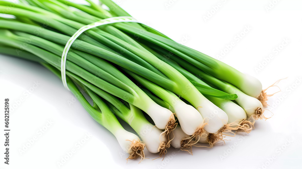 Isolated fresh green onion lying on a white glossy surface. Generative AI technology. Isolated fresh green onion lying on a white glossy surface. Generative AI technology.