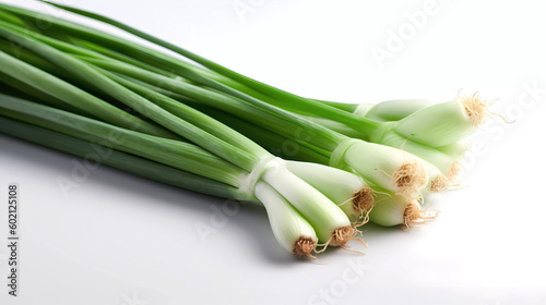 Isolated fresh green onion lying on a white glossy surface. Generative AI technology.