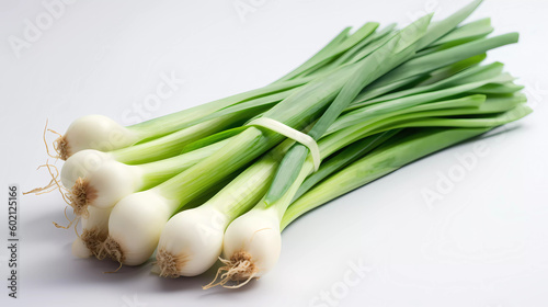 Isolated fresh green onion lying on a white glossy surface. Generative AI technology.