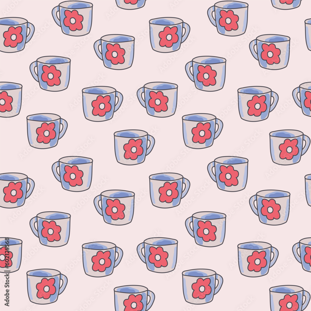Cartoon cup with flower seamless pattern. Colored vector illustration for kitchen design, wrapping paper and wallpaper. 