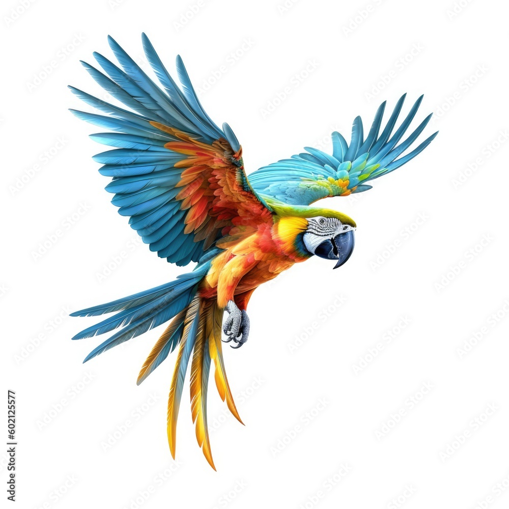 Beautiful colorful parrot flying on white background,Generative, AI, Illustration.