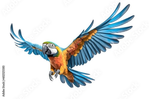Beautiful colorful parrot flying on white background,Generative, AI, Illustration. photo