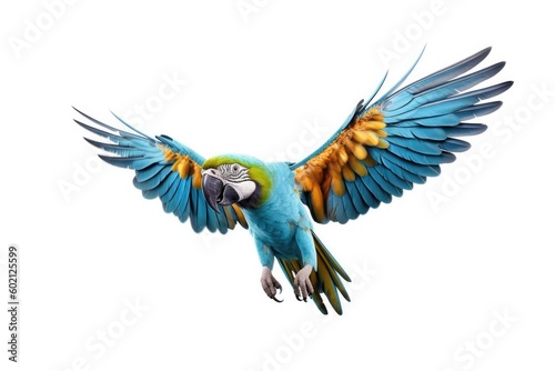 Colorful macaw flying isolated on white background Generative  AI  Illustration.