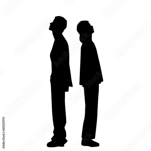 Vector silhouettes of a man and a woman, a couple of business people standing in profile, looking up, black color on a white background
