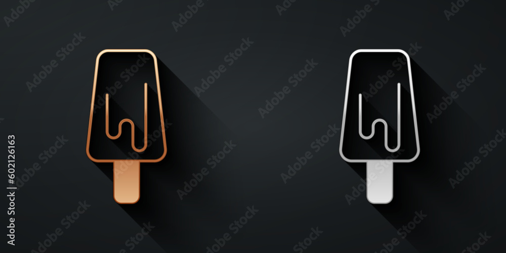 Gold and silver Ice cream icon isolated on black background. Sweet symbol. Long shadow style. Vector