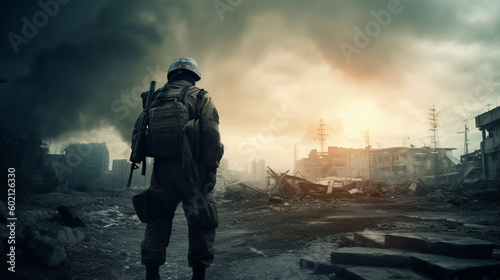 Soldier in the middle of a war in an apocalyptic city. Image generated by AI.