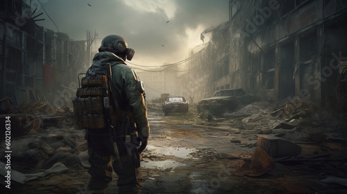 Soldier in the middle of a war in an apocalyptic city. Image generated by AI.