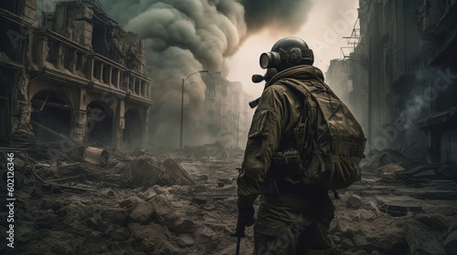 Soldier in the middle of a war in an apocalyptic city. Image generated by AI. © Moon Project