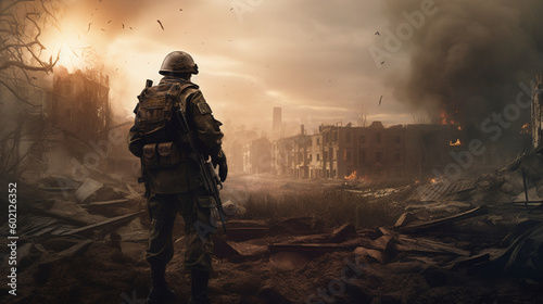 Soldier in the middle of a war in an apocalyptic city. Image generated by AI. © Moon Project