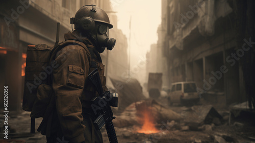 Soldier in the middle of a war in an apocalyptic city. Image generated by AI.