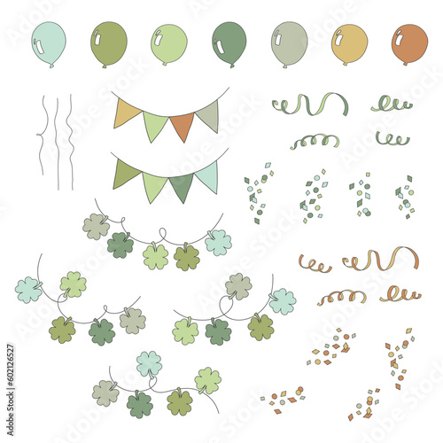 St Patrick party festive objects clipart set isolated on white. Green confetti, balloons, shamrock garland, bunting elements. Retro 70s 60s Groovy Patrick design.